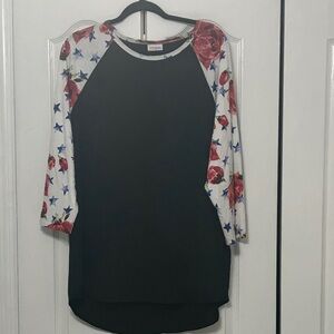 LuLaRoe Black Randy Top with Floral and Star Sleeves